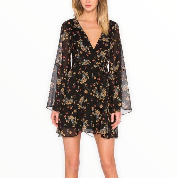 Free People Lilou Black Floral Print Mini Dress Belted Long Bell Sleeves - Picture 1 of 11